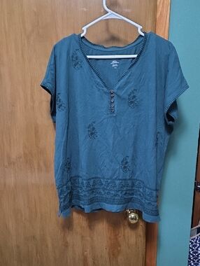 JJill Teal Embroidered V-Neck Women’s Top